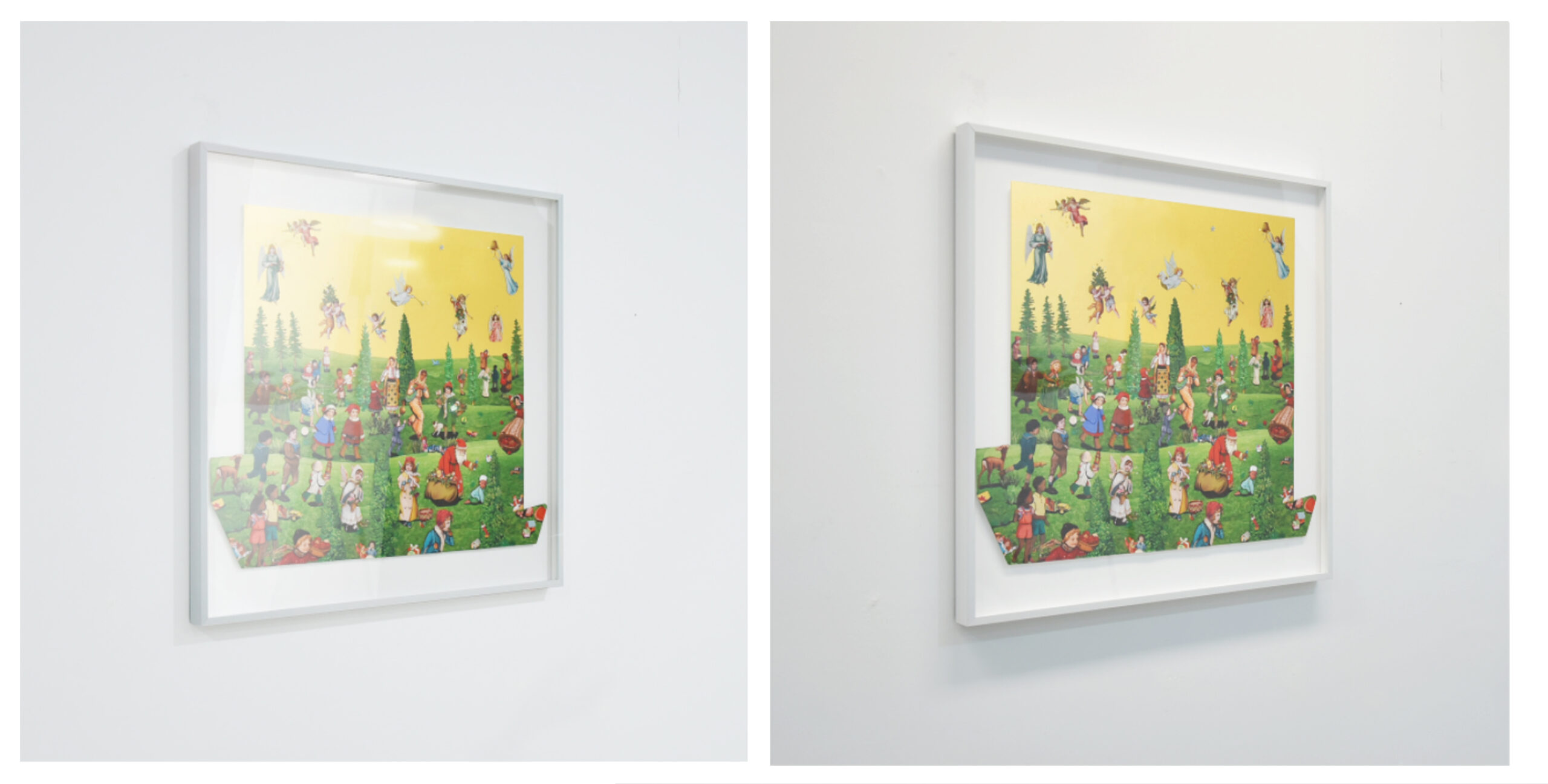 藝術租賃即「微型策展」，漸次投資導入博物館級低反光壓克力保護片的框裱，實現藝術的「健康觀看」；一般壓克力效果(左)，低反光壓克力效果(右)。